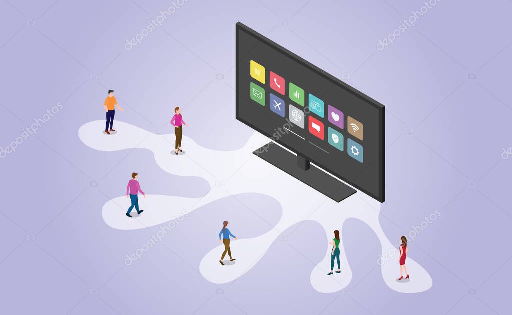 smart tv technology with apps icon and people with isometric modern flat style - vector