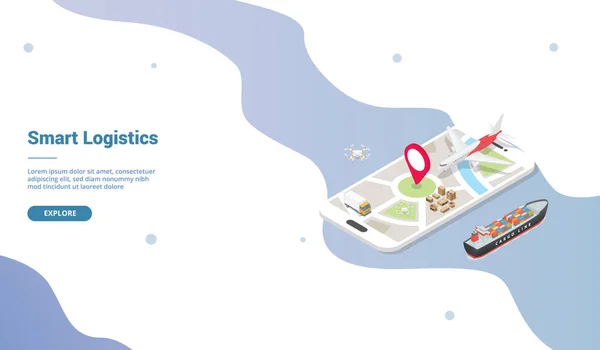 Sistema de entrega de logística inteligente para plantilla de sitio web o página de inicio de aterrizaje con estilo isométrico - vector — Archivo Imágenes Vectoriales