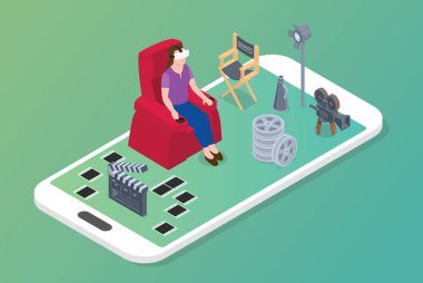 vr sanal gerçeklik filmleri kavramı ile kadın sandalye ve film ikonu modern izometrik stil vektör ile oturur