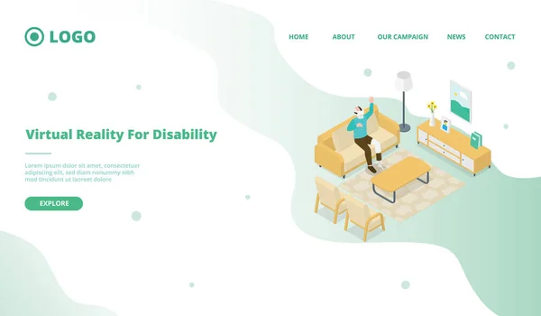 Virtual Reality Disability People Website Template Landing Homepage Isometric Style — 스톡 벡터