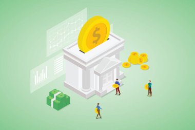 İnsanlar modern izometrik biçim vektörü ile bazı grafik ve grafik verileri ile bankadan tasarruf para
