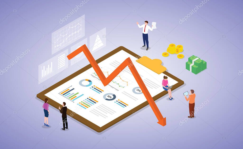 business and market crisis depression with people team work on some analysis report document with isometric modern flat style vector