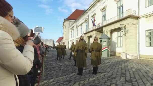 Budampest Hungría Diciembre 2019 Los Guardias Palacio Sndor Situado Junto — Vídeo de stock