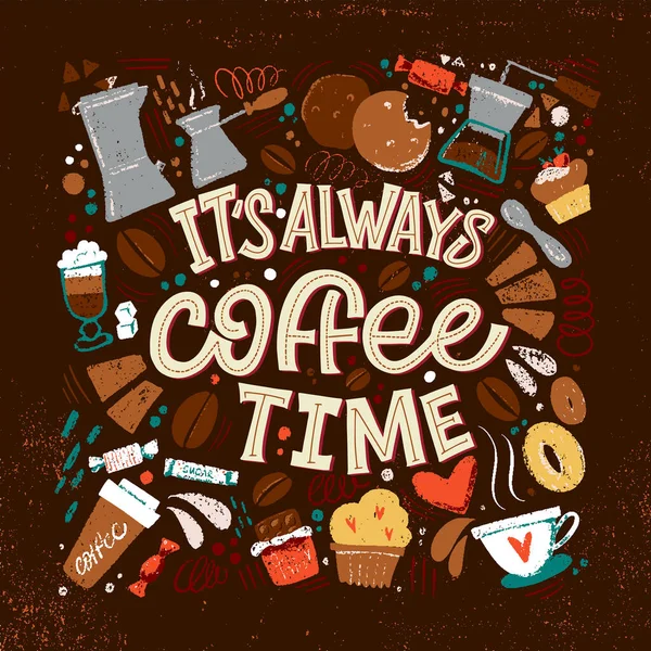 Her zaman kahve zamanı. Beyaz arkaplanda siyah bir yazı var. Sevimli tebrik kartı, harf ve el yazısı tarzında yapıştırma ya da yazdırma.