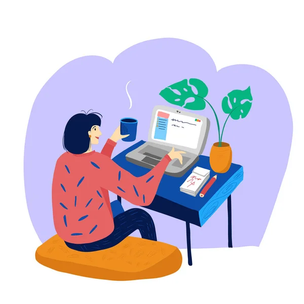 A woman works at a laptop with a cup of tea. Stay at home, work from home, flowers in a pot, home office. Flat Vector Illustration. — Stock Vector