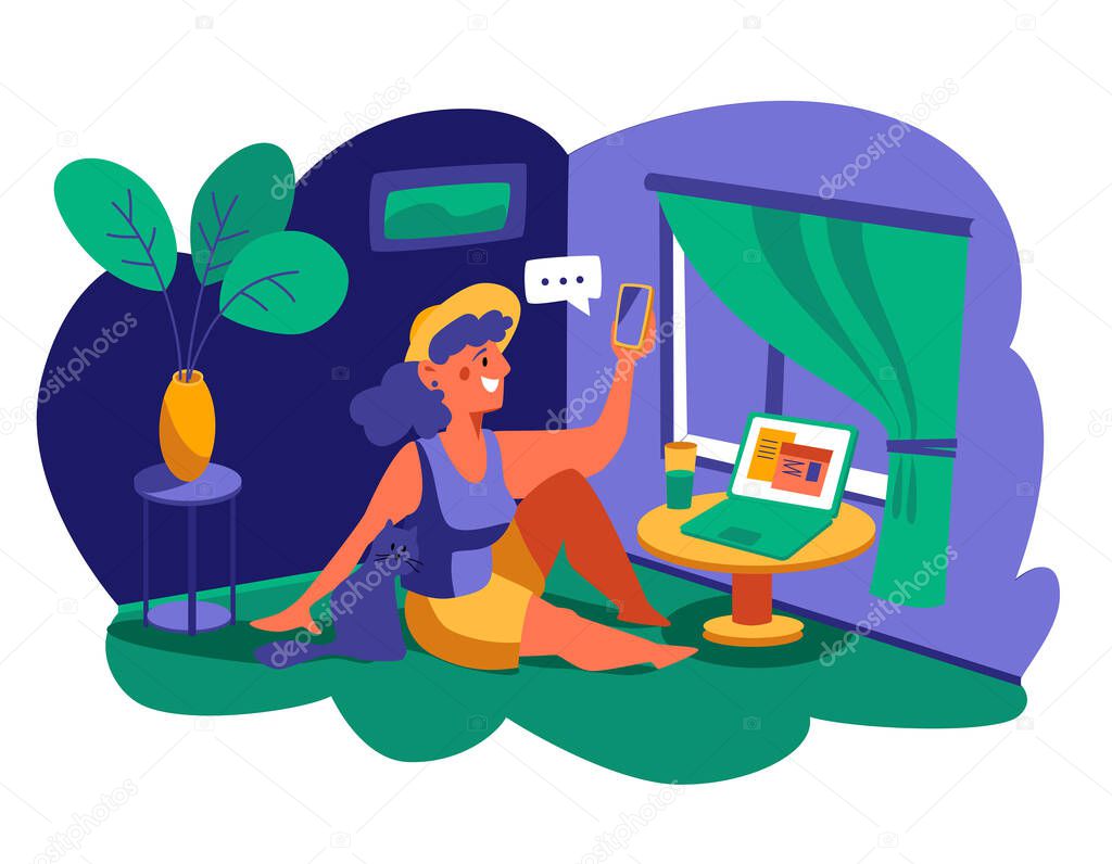 A woman with a cat sits on the floor and talks on the phone. Stay at home, work from home, flowers in a pot, home office. Flat Vector Illustration.