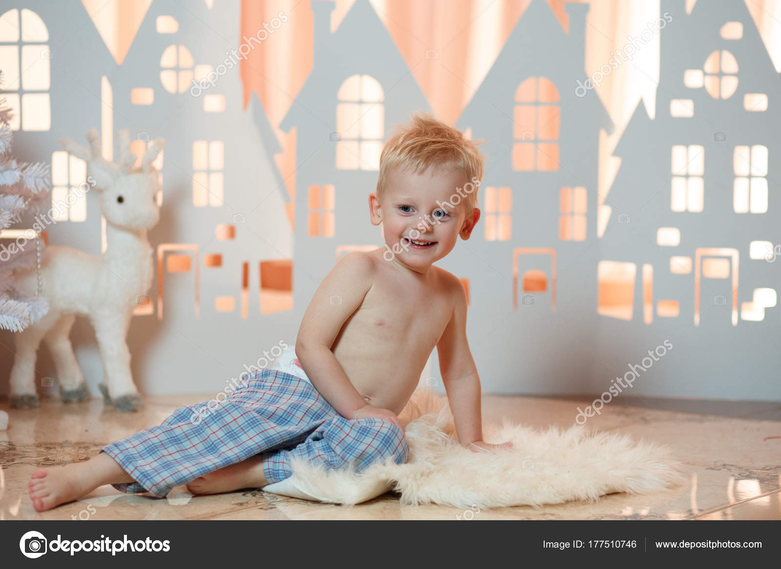 Cute Blonde Hair Little Boy Sleepwear Christmas Toy Paper Houses