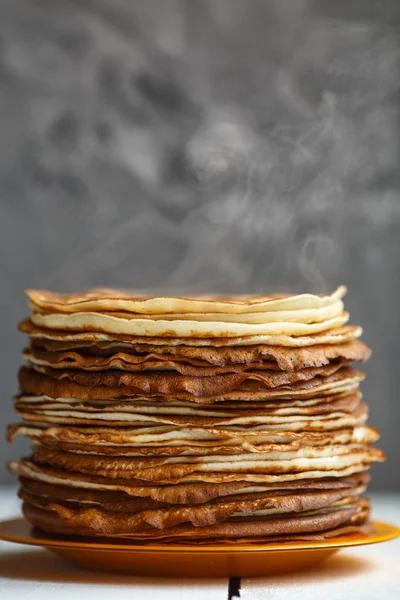 High Stack Classic Pancakes Rustic Style Traditional Pancake Week Maslenitsa — Stock Photo, Image