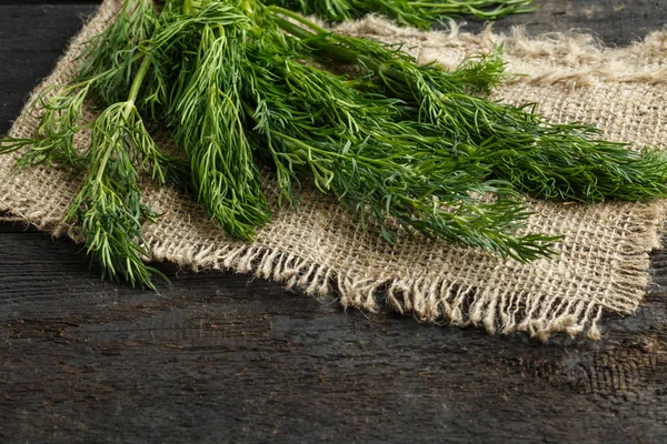 Fresh Dill Burlap Dark Wooden Background — Stock Photo, Image