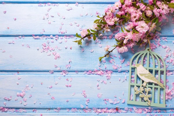 Flores rosadas sobre tablones de madera azul . — Foto de Stock