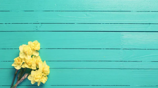 Yellow flowers on turquoise wooden — Stock Photo, Image