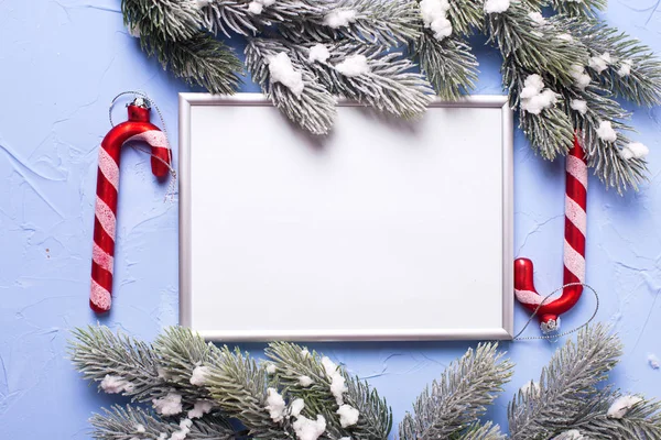 Empty silver frame, Christmas decorations — Stock Photo, Image