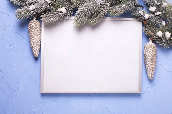 Empty silver frame, Christmas decorations — Stock Photo, Image