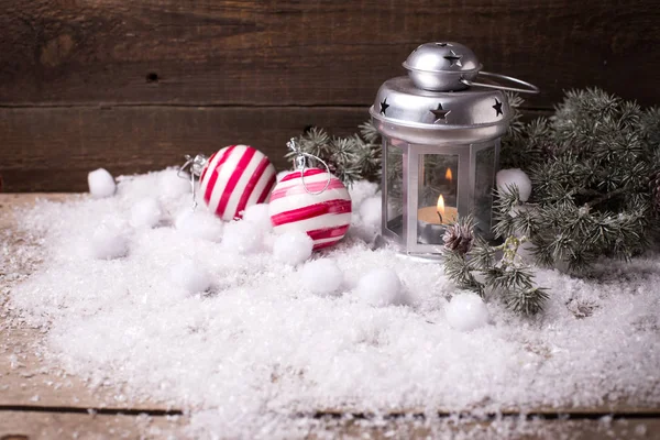 Candle in lantern,  branches fir tree — Stock Photo, Image