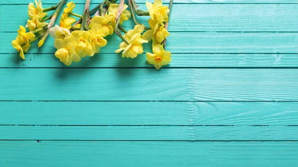 Fleurs jonquilles jaunes sur fond bois — Photo