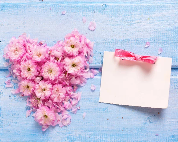 Kalp pembe çiçekler ve boş etiket — Stok fotoğraf