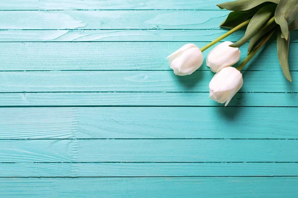 Tulipani primaverili su fondo di legno — Foto Stock