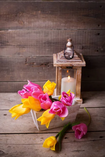 Spting flowers and lantern decoration — Stock Photo, Image