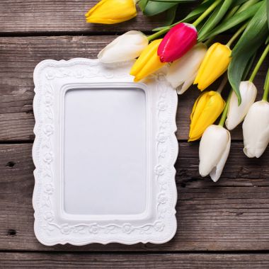 Boş çerçeve, parlak sarı, pembe ve Beyaz Lale çiçek 