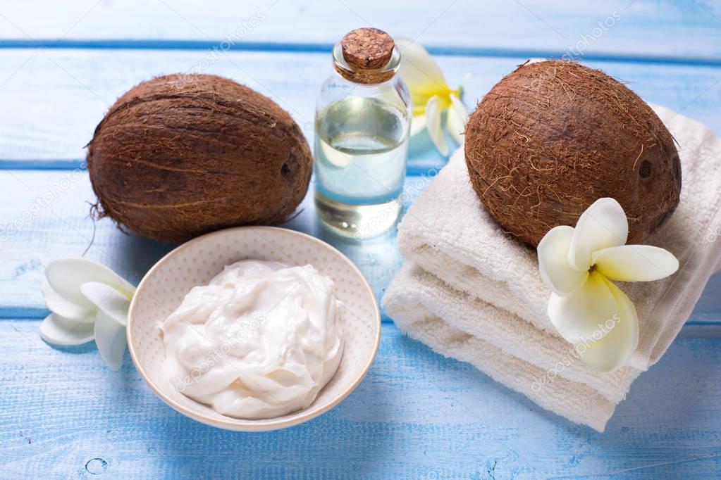 spa products on wooden background