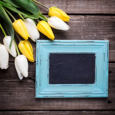 Boş mavi çerçeve ve sarı ve Beyaz Lale çiçek 