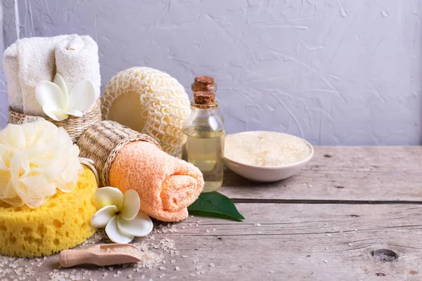 Sea salt , towels, bottle with aroma oil — Stock Photo, Image