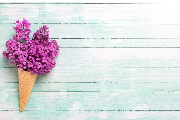 Fresh lilac flowers in waffle cone — Stock Photo, Image