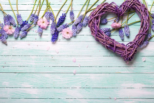 Dekorativt hjärta och våren blommor. — Stockfoto