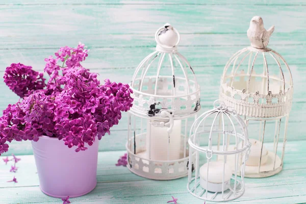 Jarní fialovými květy v kbelíku, dekorativní lucerny se svíčkami — Stock fotografie