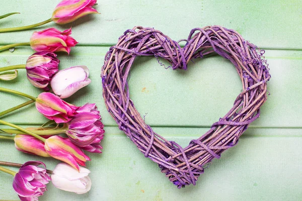 Violett dekorativa hjärta och rosa tulpaner — Stockfoto
