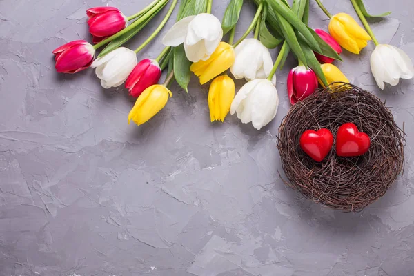 Dos corazones rojos en nido y flores de tulipán amarillas, rosadas y blancas — Foto de Stock