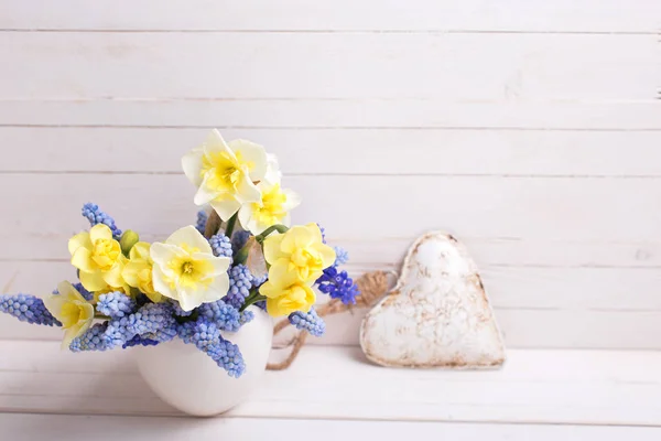 Blue muscaries and yellow narcissus flowers — Stock Photo, Image