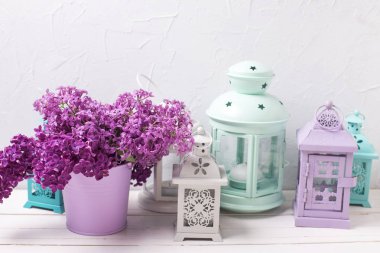 Eflatun çiçekler ve parlak fenerler 