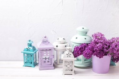 Eflatun çiçekler ve parlak fenerler