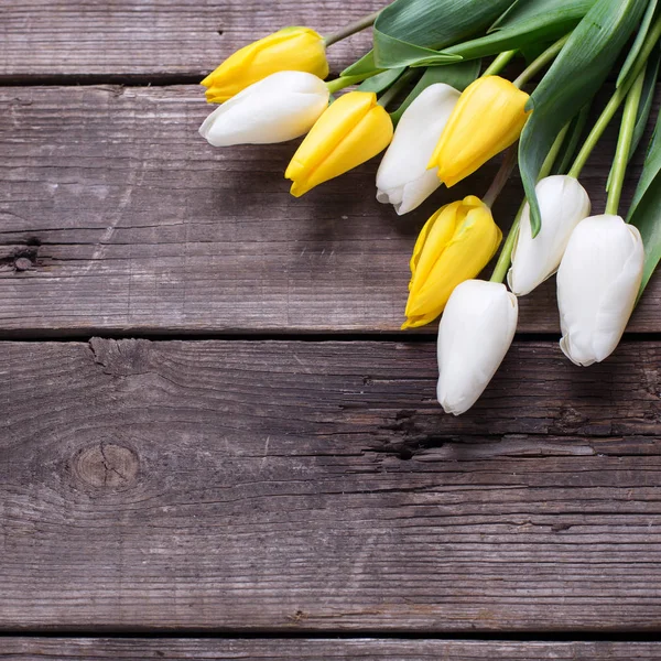 Gelbe Und Weiße Tulpenblüten Auf Vintage Holzhintergrund Mit Kopierraum — Stockfoto