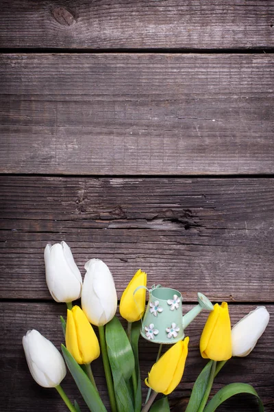 黄色と白のチューリップの花は ヴィンテージの木製の背景に装飾的なじょうろ 選択と集中 テキストのための場所 — ストック写真