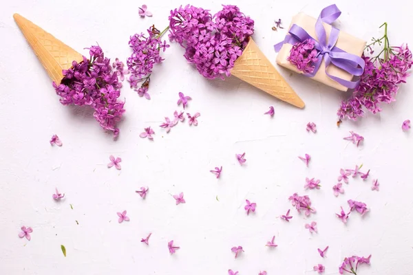 Espléndidas Flores Lila Conos Gofre Caja Con Presente Sobre Fondo —  Fotos de Stock