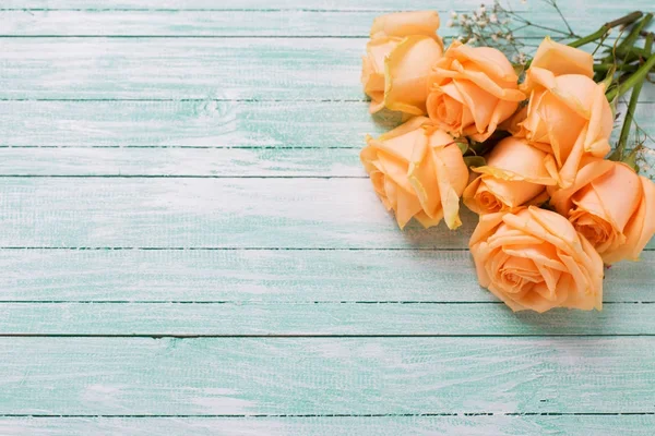 Broskvové Barvy Růže Květiny Tyrkysové Dřevěné Pozadí Shabby Chic Místo — Stock fotografie