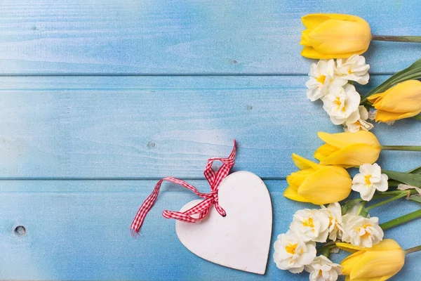 Dekorativt Hjärta Och Gränsa Från Gula Tulpaner Och Påskliljor Blommor — Stockfoto