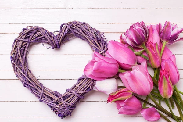 Violet Decorative Heart Pink Spring Tulips Flowers White Wooden Background — Stock Photo, Image