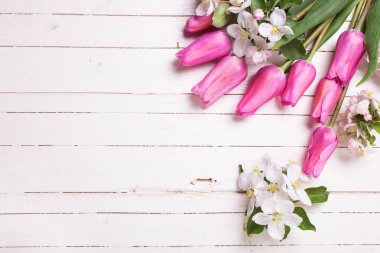 Elma ağacı çiçek ve Beyaz ahşap zemin üzerinde pembe laleler. 