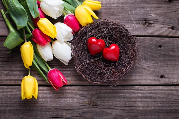 Διακοσμητικές Καρδιές Στην Φωλιά Και Φωτεινά Ανοιξιάτικα Λουλούδια Τουλίπες Ξύλινο — Φωτογραφία Αρχείου