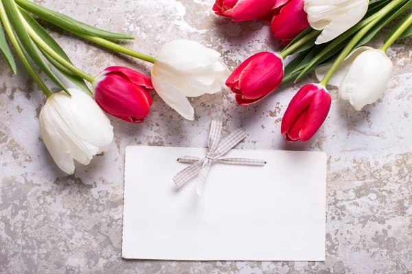 Etiqueta Vacía Tulipanes Rojos Blancos Flores Sobre Fondo Gris —  Fotos de Stock