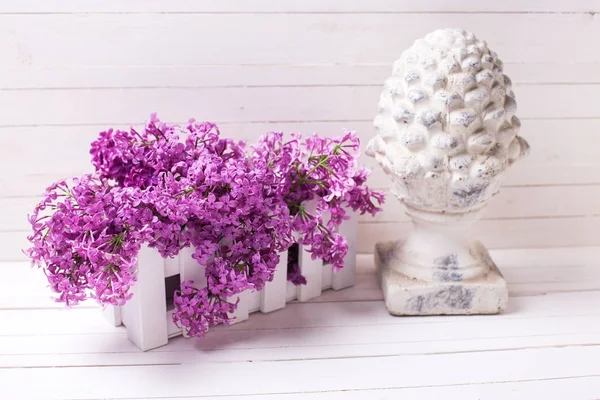 Flores Color Lila Primavera Caja Sobre Fondo Madera Blanca — Foto de Stock