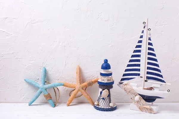 Decorative Wooden Boat Lighthouse Starfish Textured White Background — Stock Photo, Image