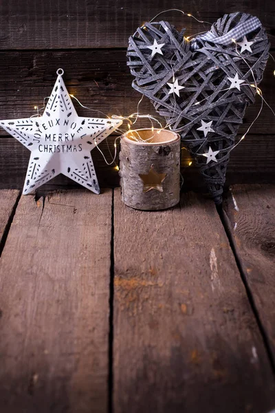 Christmas Star Decorative Heart Candleholder Fairy Light Aged Wooden Background — Stock Photo, Image