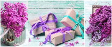 Turkuaz ahşap zemin üzerine taze leylak ile kolaj fron fotoğraflar. Romantik site başlık.