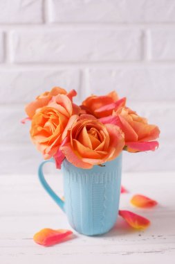 Taze turuncu gül beyaz duvara Beyaz ahşap zemin üzerinde mavi Kupası'nda. Çiçekli natürmort.