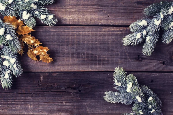 Telaio Rami Albero Pelliccia Sfondo Legno Invecchiato Vista Dall Alto — Foto Stock