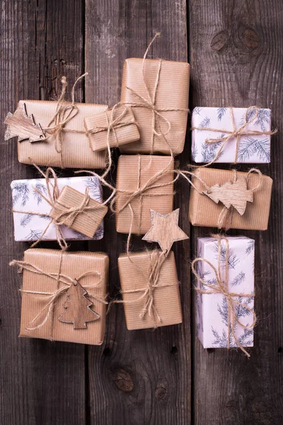 Gift Boxes Presents Aged Wooden Background Selective Focus View — Stock Photo, Image
